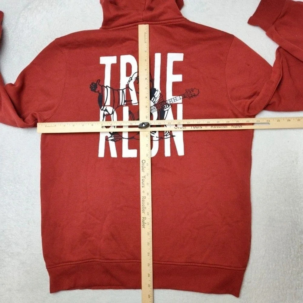 True Religion Hoodie Mens L Red Full Zip Hooded Graphic Fleece Buddha Back